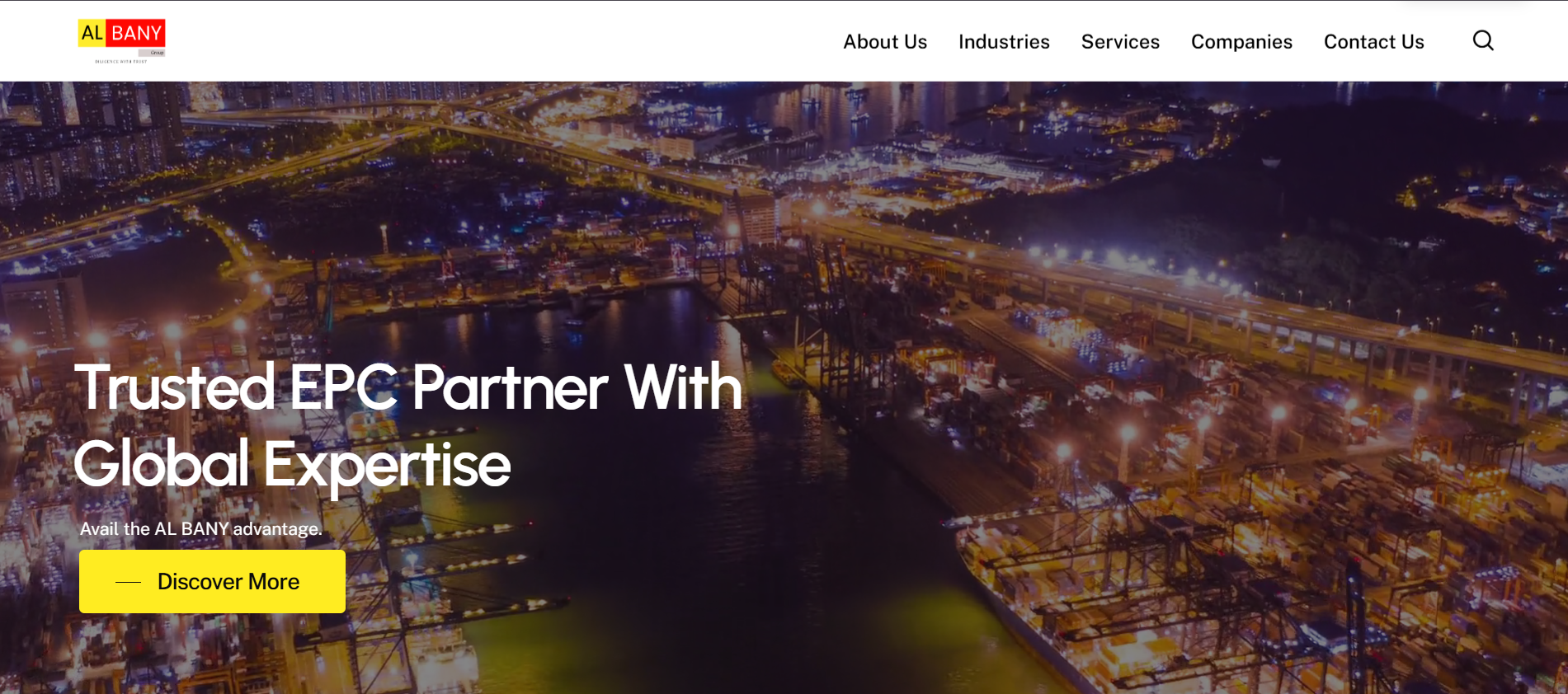 Al Bany Group homepage hero — Trusted EPC Partner With Global Expertise, dark aerial port and industrial photo
