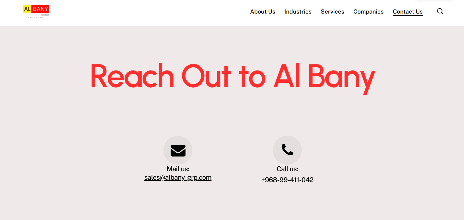 Contact Us page — Reach Out to Al Bany, mail and call contact icons
