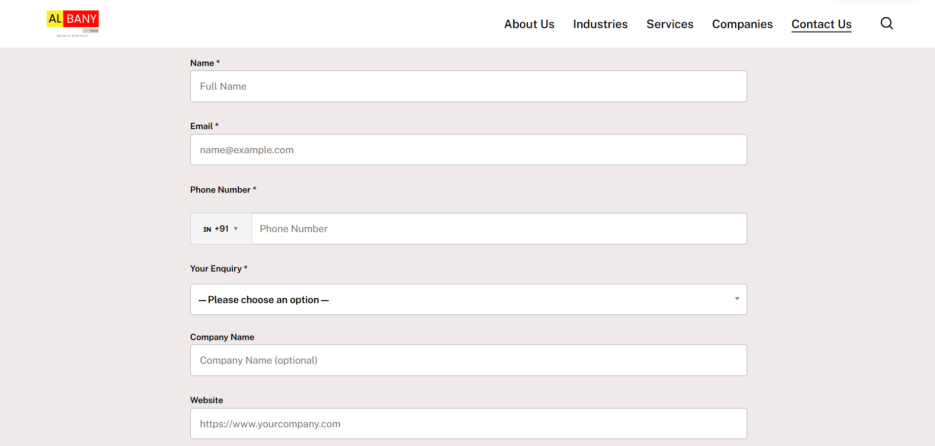 Enquiry form — fields for Name, Email, Phone Number with country code selector, Your Enquiry dropdown, Company Name, Website