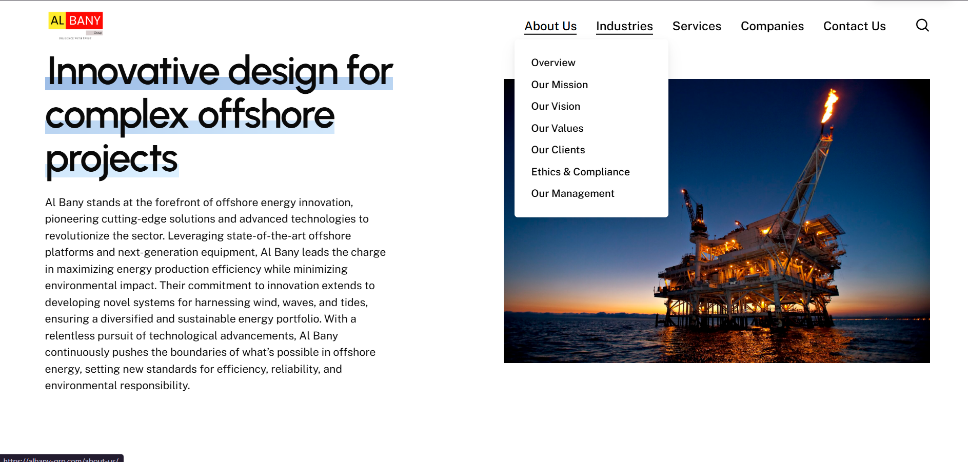 About Us page — Innovative design for complex offshore projects, offshore rig photo, About Us dropdown open