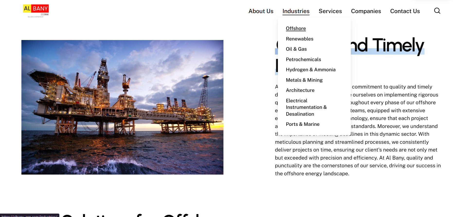 Industries dropdown navigation showing nine sectors