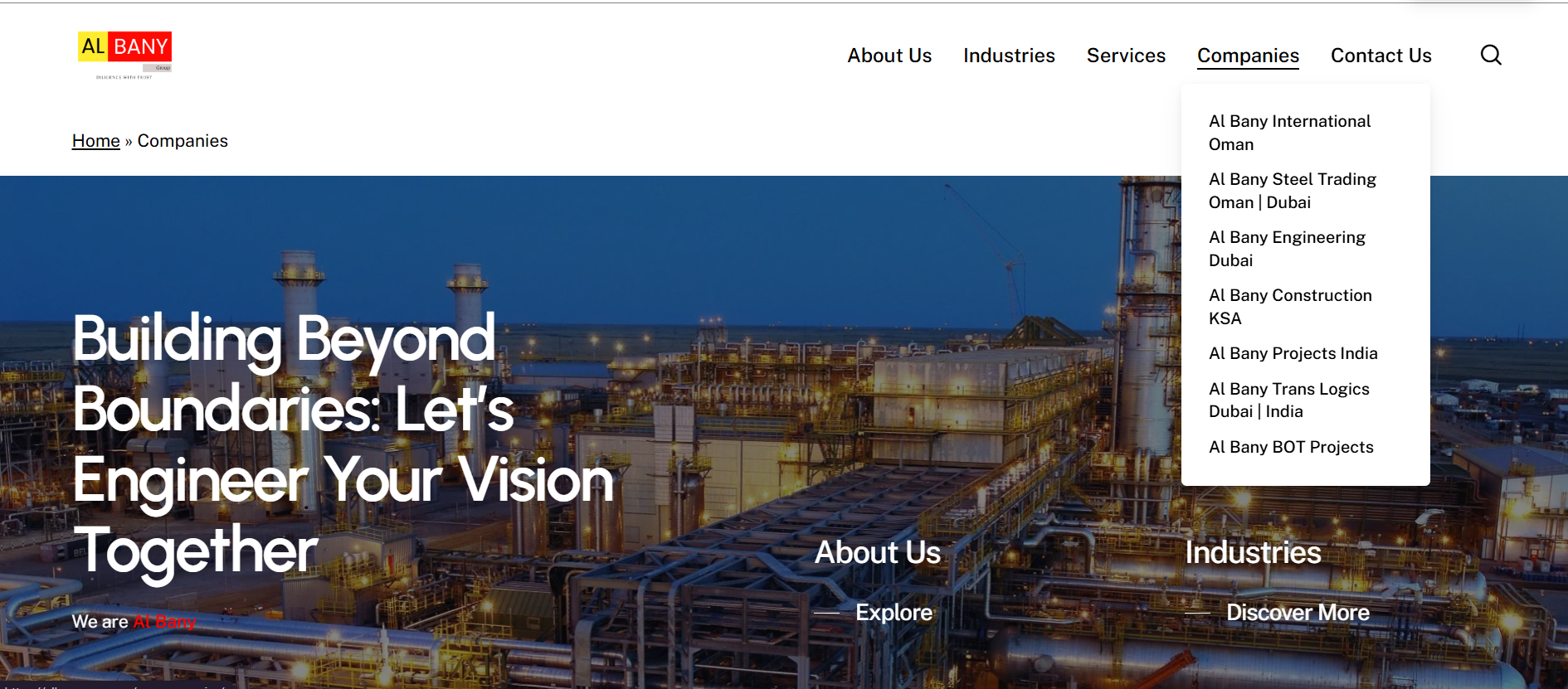 Companies page hero — Building Beyond Boundaries: Let's Engineer Your Vision Together, Companies dropdown open showing seven entities