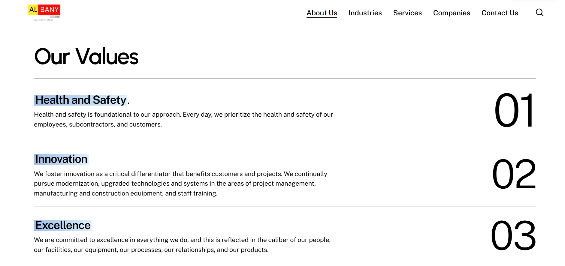 Our Values page — numbered list: 01 Health and Safety, 02 Innovation, 03 Excellence