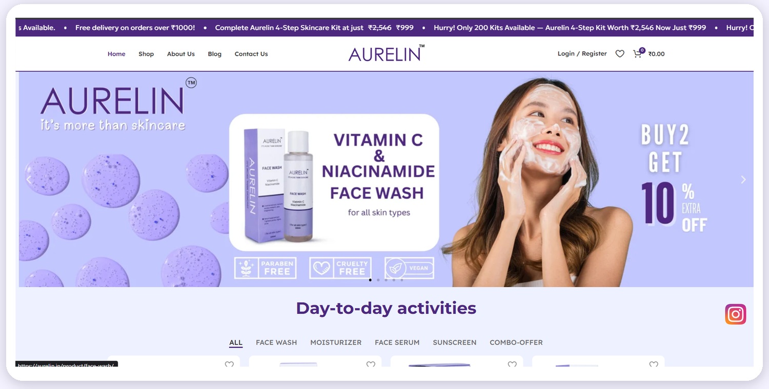 Aurelin redesigned homepage — hero, promotion and day-to-day activity categories