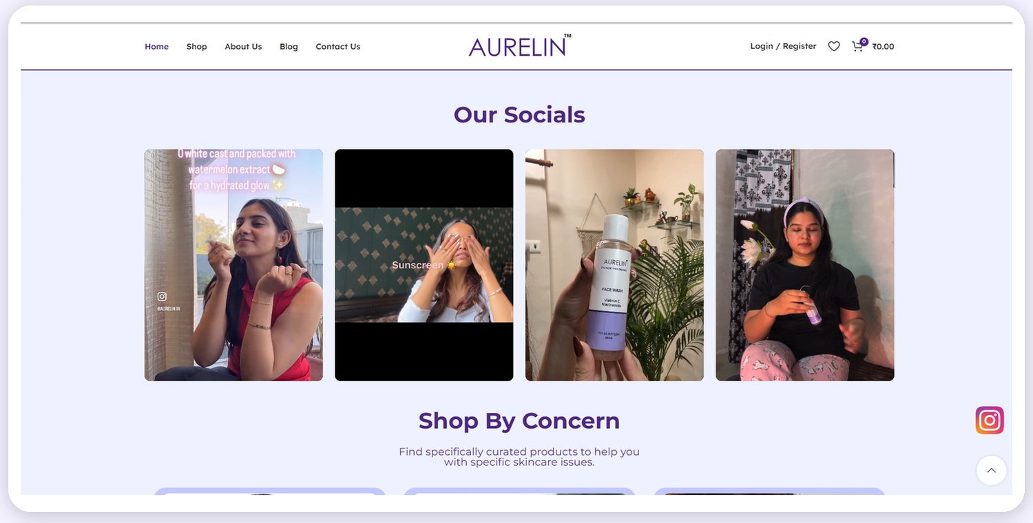Aurelin — Our Socials UGC videos and Shop By Concern section