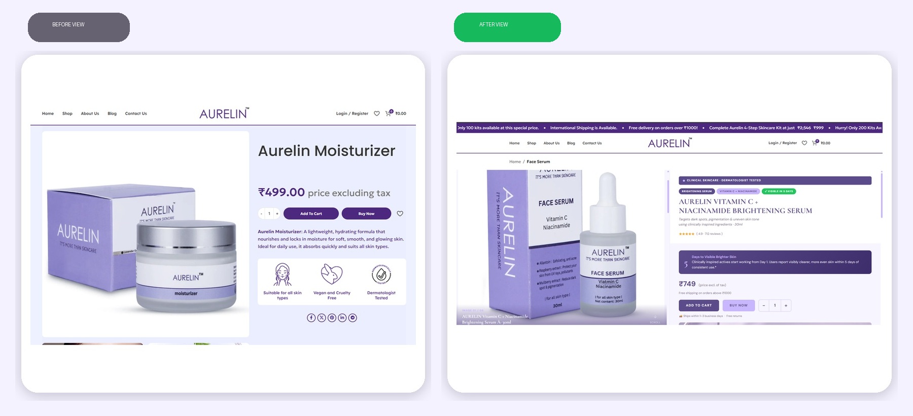 Aurelin product page — before and after the redesign, side by side