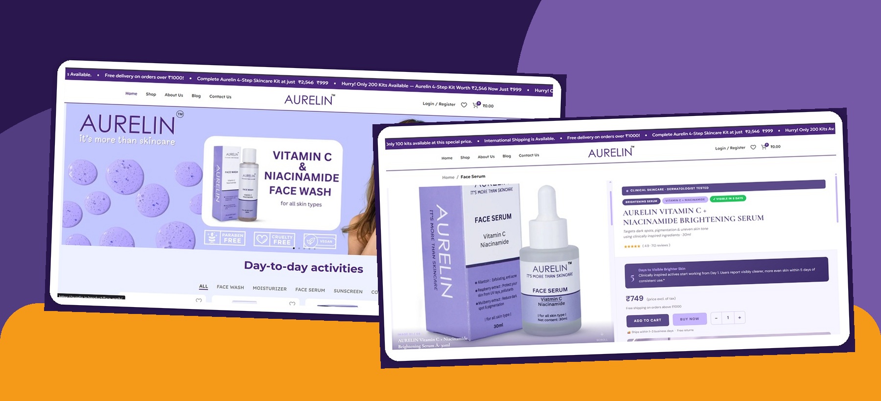 Aurelin before redesign — original homepage and product listing