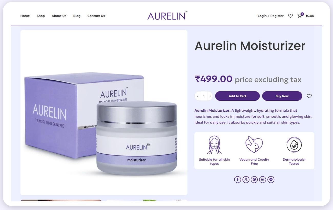 Aurelin before redesign — original simple product page