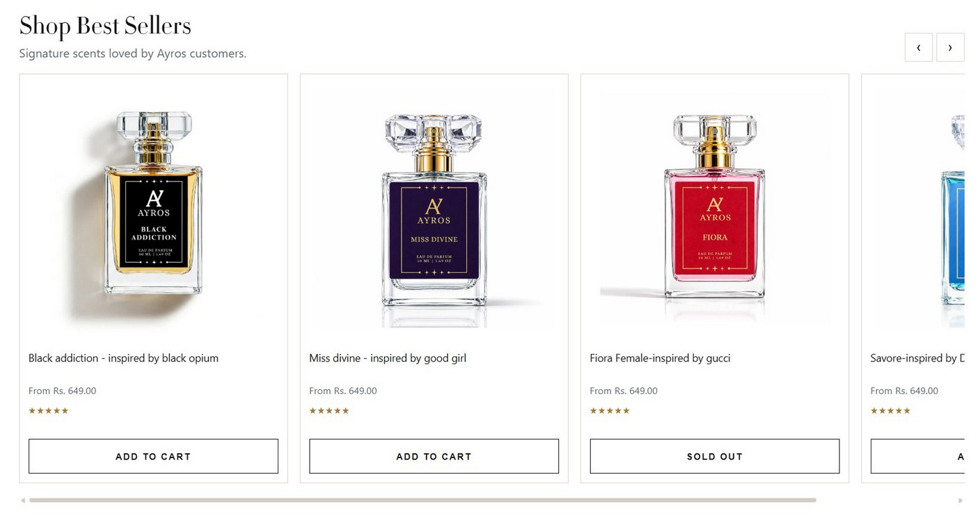 Ayros Shop Best Sellers listing after redesign — cards with rating, price and CTA