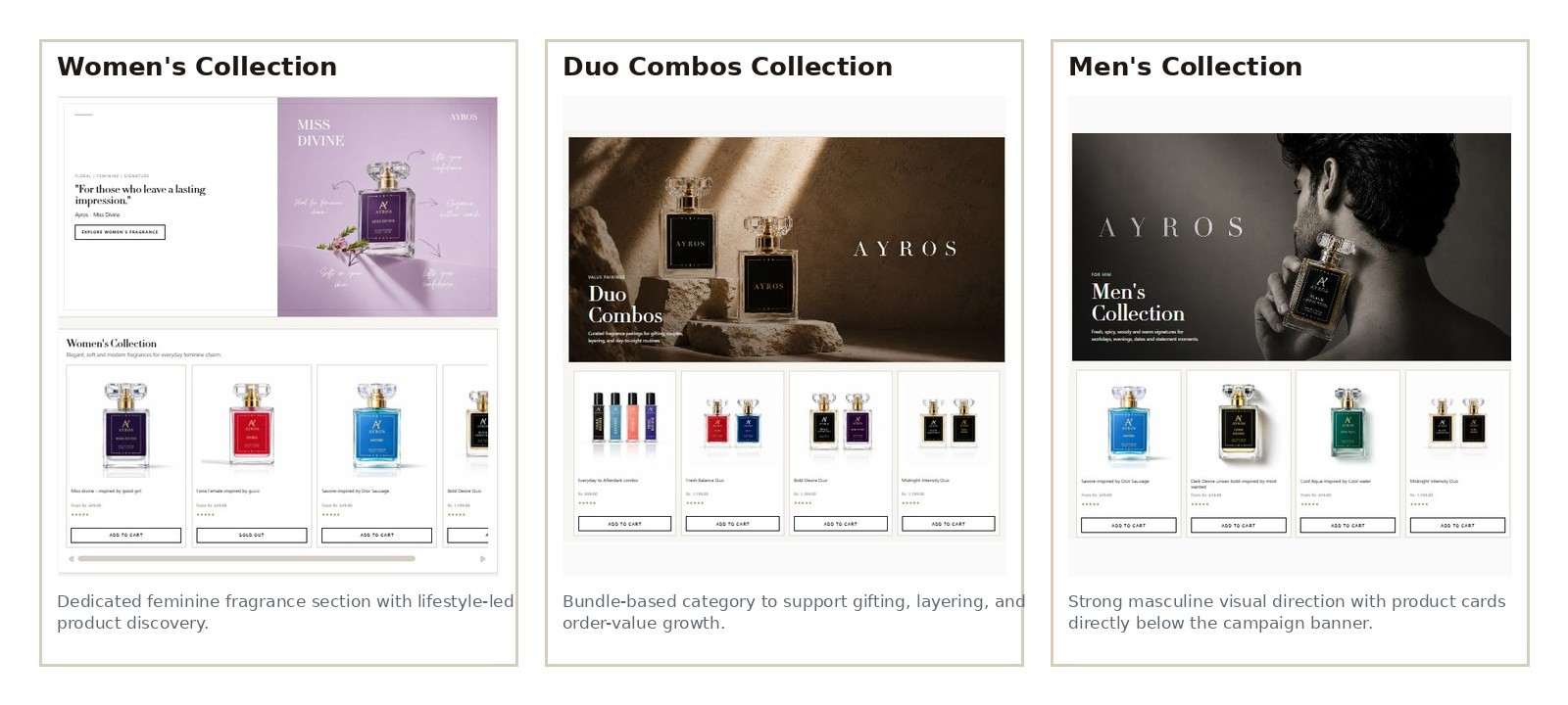 Ayros Women's Collection, Duo Combos Collection, and Men's Collection screenshots
