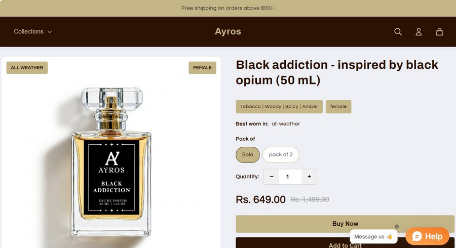 Ayros product detail page before redesign