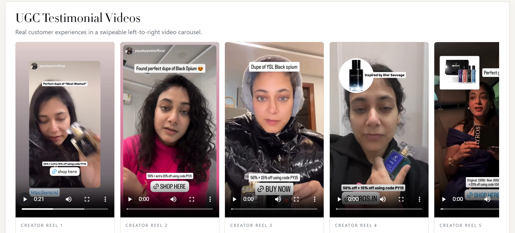 Ayros UGC testimonial video carousel — swipeable creator reels with shoppable captions and discount codes