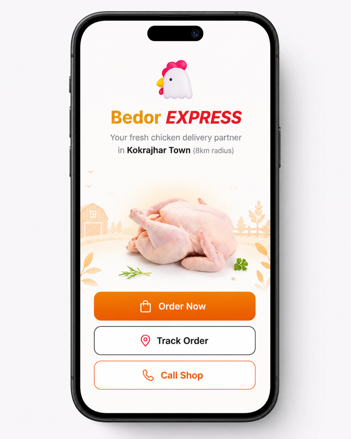 Bedor Express home screen — Order Now, Track Order and Call Shop actions