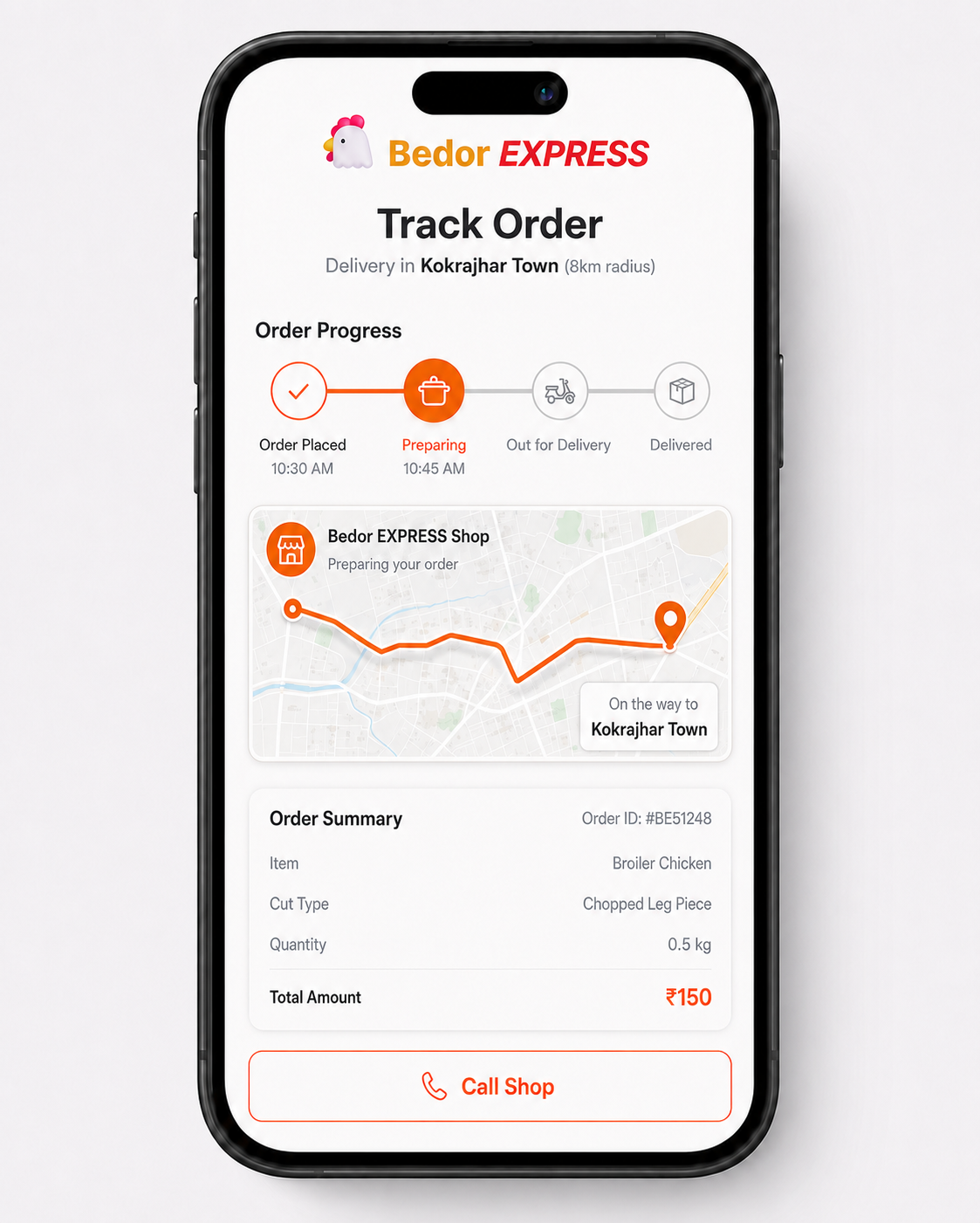 Bedor Express order tracking screen — order progress and live route map