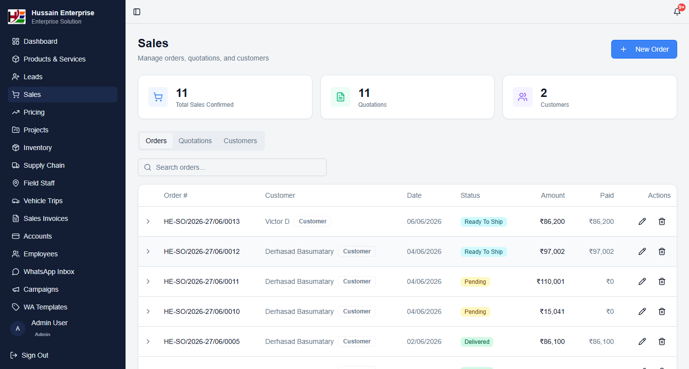 Sales Orders Dashboard — confirmed orders with customer, amount, payment status and delivery stage