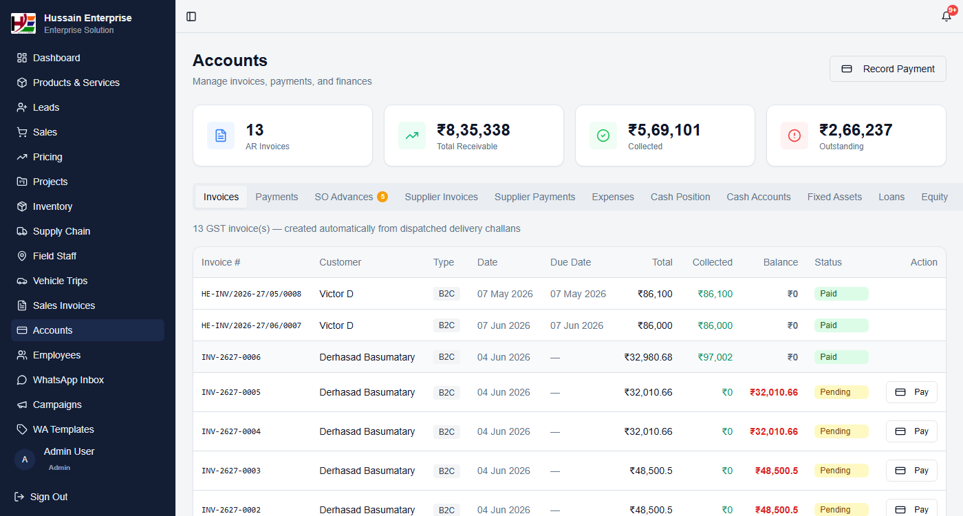 Hussain Enterprise Accounts dashboard — live receivables and GST invoices