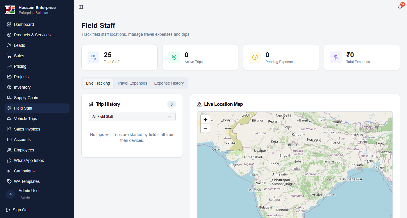 Field Staff Live Tracking — real-time India map view with trip history panel