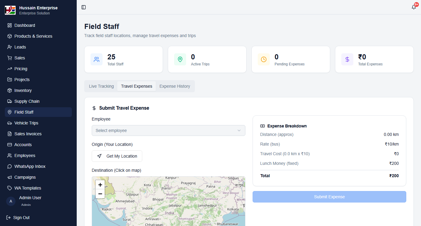 Travel Expense Submission — GPS origin/destination map with auto-calculated distance and cost