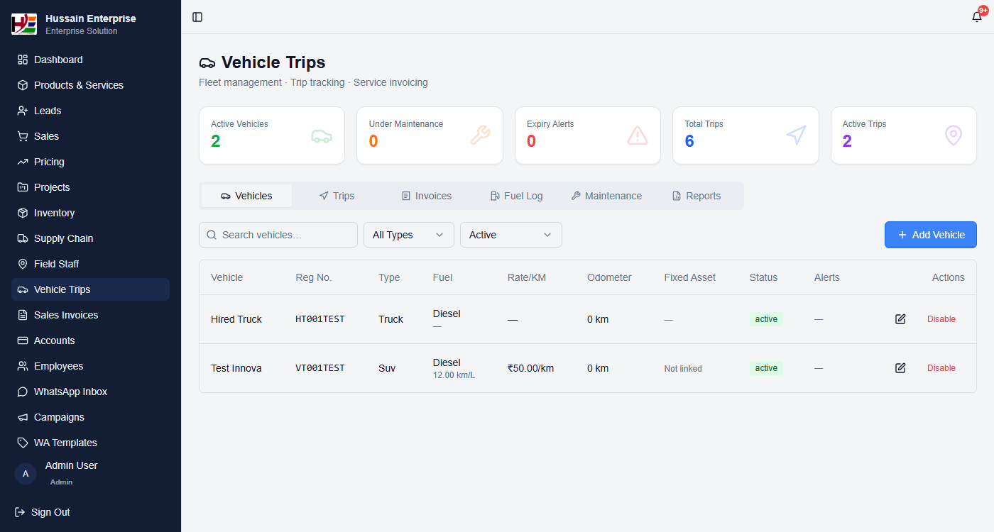 Fleet Dashboard — active vehicles, maintenance, total trips, vehicle type and rate/km