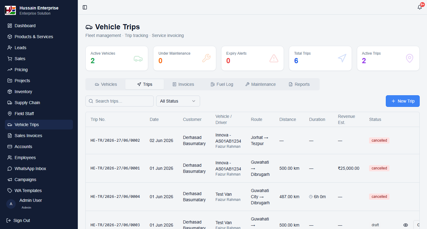 Trip Log — route, vehicle/driver, distance, duration, revenue estimate and status