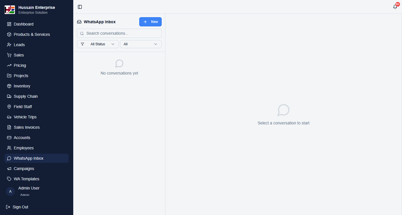 WhatsApp Inbox — centralized conversation interface integrated within the ERP