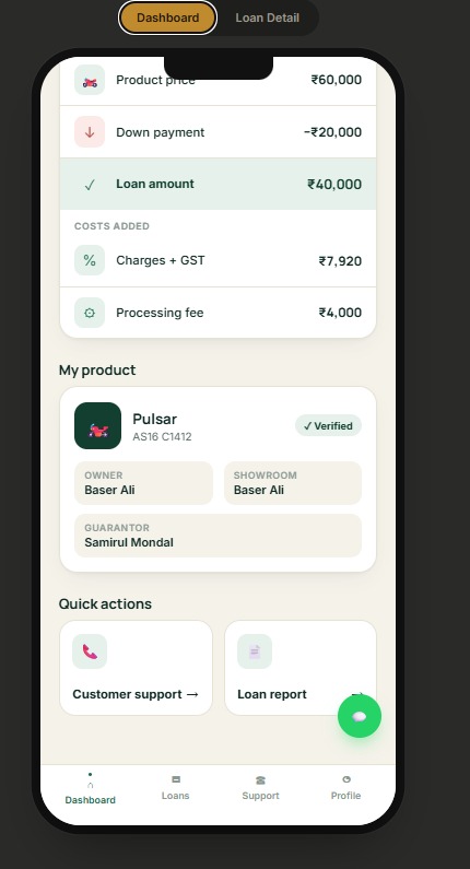 Customer Loan App — loan breakdown with product price, down payment, charges and vehicle record