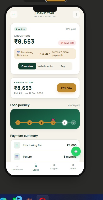 Customer Loan App — Loan Detail screen with amount due and EMI journey tracker